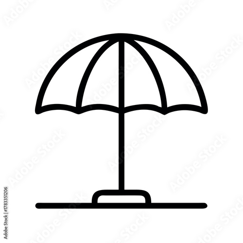Simple line art icon of an open beach umbrella providing shade on a sunny day