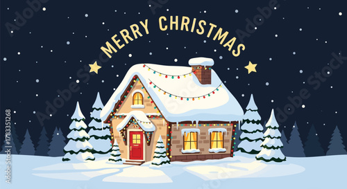Cozy snow covered cottage with festive christmas lights and falling snow under a starry night sky
