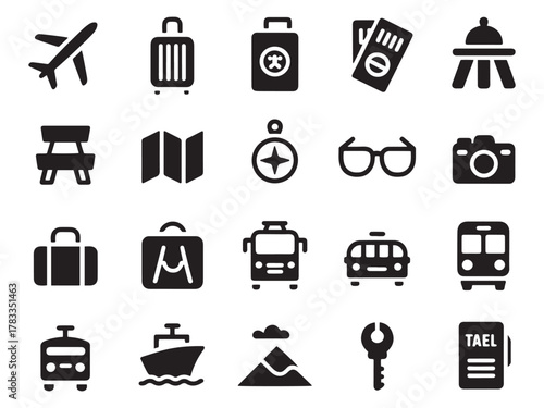 Collection of 20 travel and transportation glyph icons for your next project