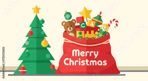 Festive christmas scene with a decorated tree and a overflowing sack of toys and gifts for children