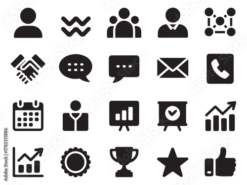 Collection of 20 glyph style icons representing business people communication and success