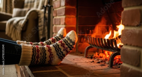 Woman's feet in cozy socks by warm fireplace. Relaxing at home enjoying comfort on cold winter evening with burning wood.