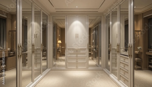 A luxurious walk in closet featuring mirrored doors and white cabinetry with drawers and ample storage