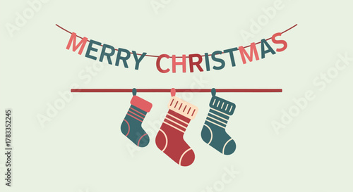 Festive merry christmas banner with hanging stockings in muted colors against a light background
