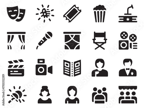 Collection of 20 glyph style icons for entertainment movies theater and events