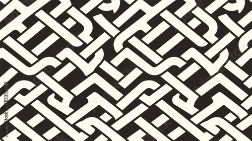 Modello astratto geometrico intrecciato in bianco e nero, un design moderno e stilizzato.