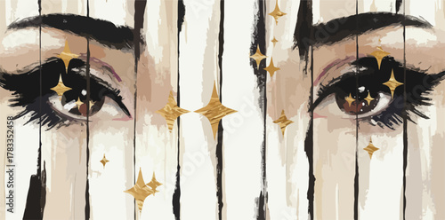 Occhi femminili con riflessi dorati scintillanti su sfondo astratto a strisce verticali.