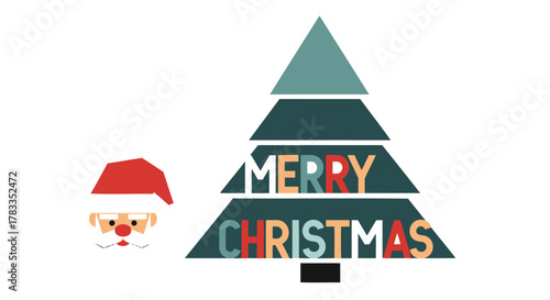 Stylized illustration of santa claus face next to a christmas tree with colorful text saying merry christmas