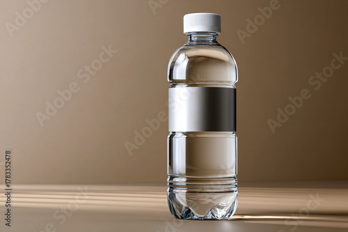 Botella de agua con etiqueta blanca y tapa blanca sobre fondo marrón, fotografía de estudio con iluminación natural.