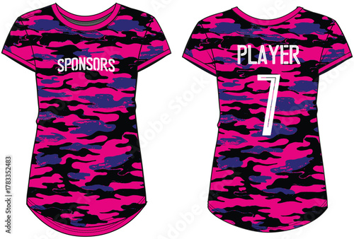 Camouflage Women Sports t-shirt Jersey design Flat sketch Illustration Vector suitable for girls and Ladies for badminton, Soccer, netball, Football, tennis, Volleyball jersey uniform sport kit