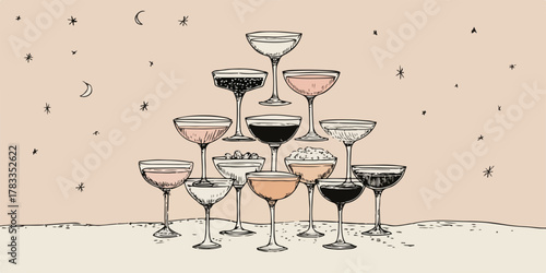 Torre di bicchieri di champagne disegnati a mano in stile vintage, con stelle e luna.