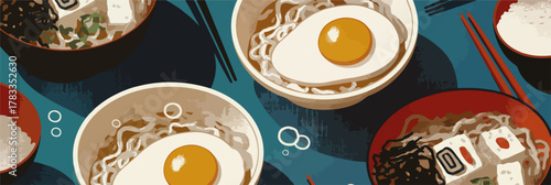 Ramen bowls with fried eggs, tofu and garnishes, presented in a stylized artistic illustration.