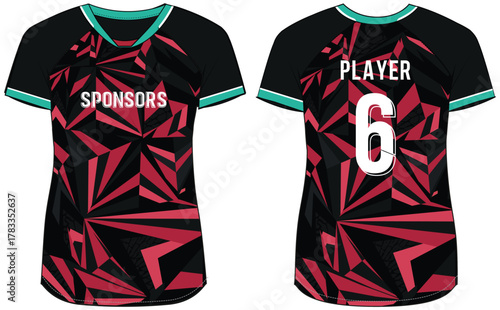 Women Sports Jersey t-shirt design Flat sketch Illustration, Geometric pattern V Neck t shirt for girls and Ladies Volleyball jersey, Football, badminton, Soccer and netball, Sport uniform kit