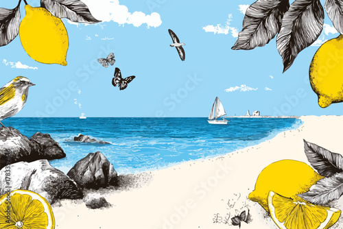 Scena estiva vibrante con limoni, uccelli, farfalle e mare blu cristallino