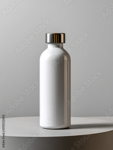 Botella térmica blanca brillante con tapa metálica sobre pedestal redondo y fondo gris neutro
