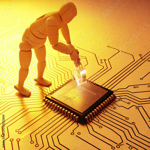 Artificial Intelligence Brain Etched into CPU on Blue Circuit Board Background