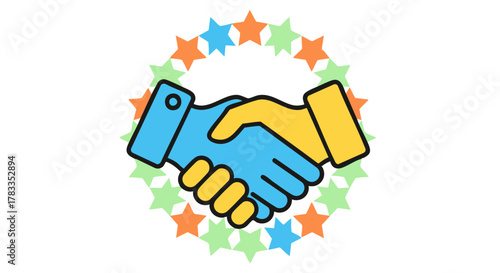 Handshake Symbolizing Partnership and Agreement Surrounded by Colorful Stars.