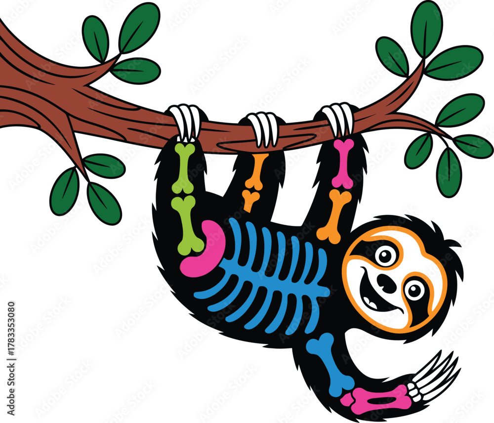 Obraz premium Cartoon sloth with colorful hanging from tree branch
