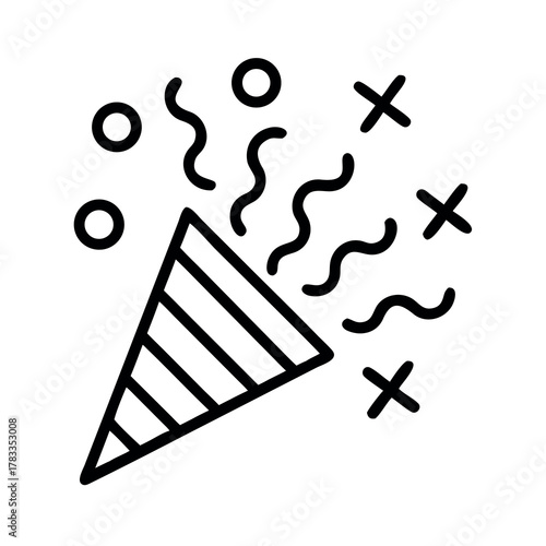 Hand drawn line art illustration of a party popper exploding with confetti and streamers for celebrations