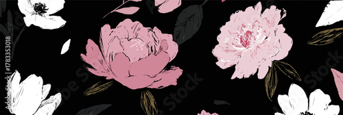Un delicato motivo floreale con peonie rosa e bianche su sfondo nero.