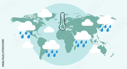 Global Climate Change Illustration with Thermometer, Clouds, and Rain.