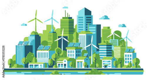 Sustainable Cityscape with Wind Turbines and Green Buildings Illustration.