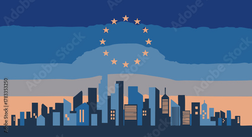 Cityscape Silhouette with European Union Stars Above.