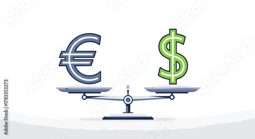 Euro and Dollar Currency Balance on Scales - Financial Equilibrium Concept.
