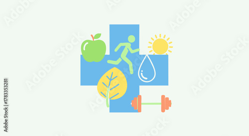 Health and Wellness Concept with Healthy Lifestyle Elements on a Cross.