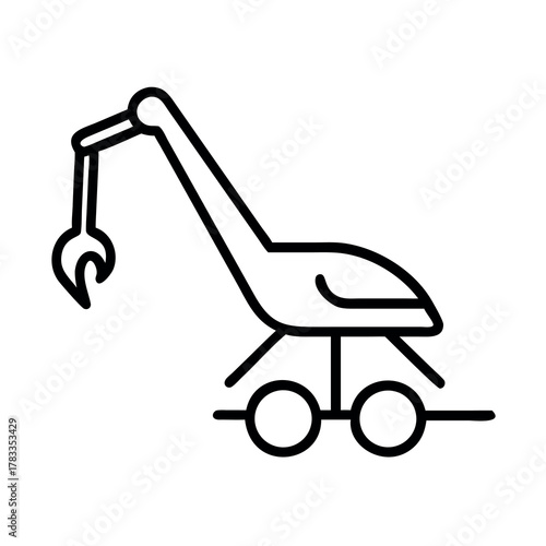 Whimsical stork carrying a wrench on a wheeled cart in a simple line art illustration