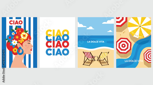 Colorful Summer Art Set – Retro Beach Scenes, Graphic Umbrellas, Floral Portrait, and Multicolor “CIAO” Typography – Vibrant Seasonal Illustrations for Travel, Greeting Cards & Decor