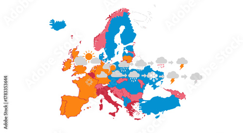 Weather Map of Europe with Varied Conditions Across Regions.