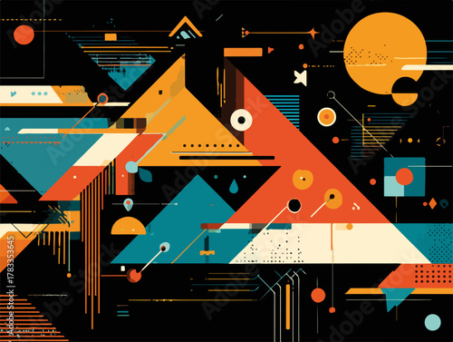 Composizione astratta di forme geometriche colorate su sfondo nero, un'esplosione di creatività visiva.