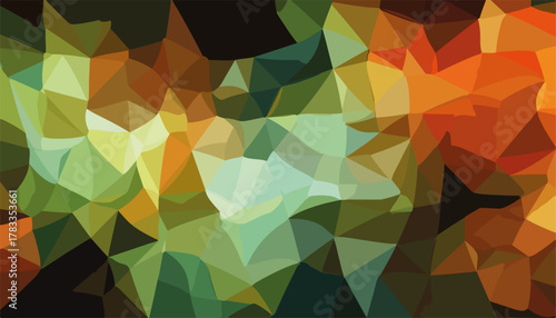 Composizione astratta di forme geometriche poligonali con sfumature cromatiche calde e fredde.