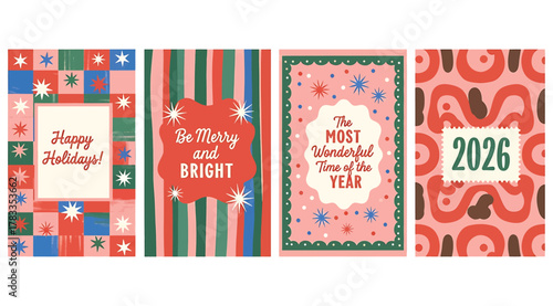 Festive Holiday Card Set – Bold Graphic Greetings for Christmas and New Year 2025 – Includes “Happy Holidays,” “Merry and Bright,” “Merriest Time,” and Abstract Year Design in Vibrant Colors