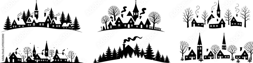 Fototapeta premium Set of Snowy village with houses and snow, Village christmas house silhouette vector art.