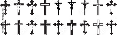Set of Jesus Cross, Christian Cross silhouettes, various styles   vector art.