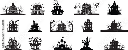 Set of  haunted house silhouettes, haunted creepy ghost house vector art.