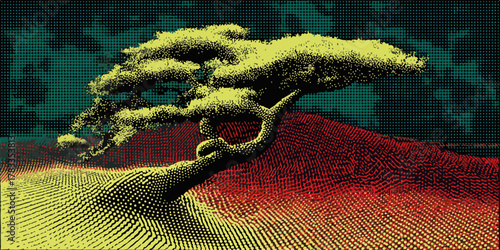 Un albero solitario su una collina ondulata sotto un cielo drammatico, arte digitale.