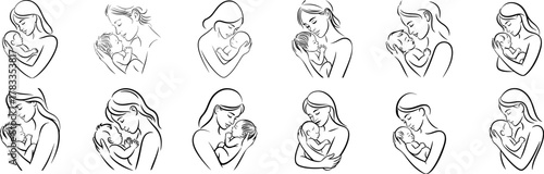 Set of Mother holding baby line art different styles and expressions vector art.