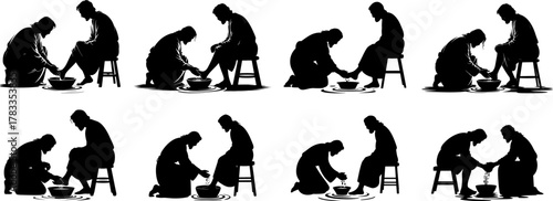 Set of Jesus Washes the Feet of His Disciples silhouettes vector art.