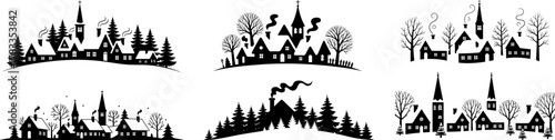 Set of Snowy village with houses and snow, Village christmas house silhouette vector art.
