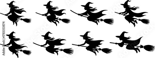 Silhouettes of a witch flying on a broomstick vector art.