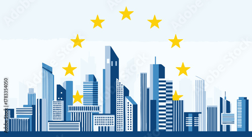 Cityscape with European Union stars, representing urban development and unity.