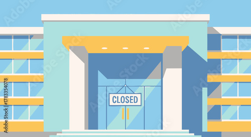 Closed business building with glass doors and a sign indicating closure during the day.