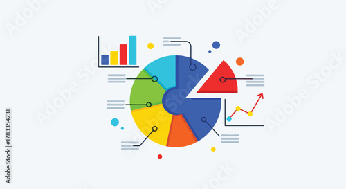 Data visualization with pie chart, bar graph, and line chart representing business analytics and financial growth