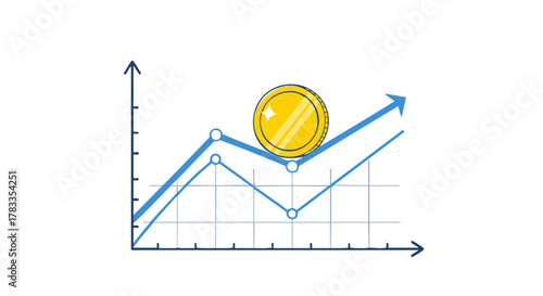 Financial growth chart with a gold coin representing investment success and profit.