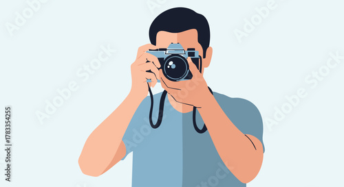 Photographer capturing a moment with a vintage camera, taking pictures.