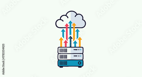 Cloud computing server data upload and information transfer concept.