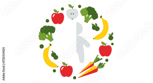 Healthy eating concept with a human figure surrounded by fruits and vegetables for a balanced diet.